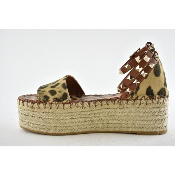 Valentino Rockstud Leopard Black Ankle Strap Platform Espadrille Wedge Sandal 38 - Picture 8 of 11